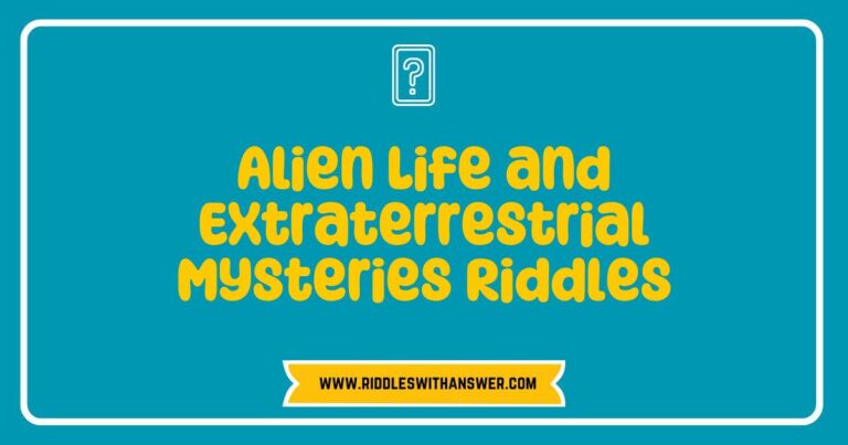 Illustration of an alien landscape featuring mysterious extraterrestrial beings, with thought bubbles displaying riddles about alien life and the mysteries of the universe. The image captures the intrigue of extraterrestrial mysteries, inviting viewers to ponder questions like 'What travels faster than light?' and 'What is green and likes to