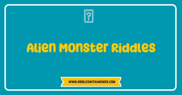 Colorful illustration of an alien monster surrounded by popular riddles, showcasing a whimsical and engaging atmosphere. The image features the text 'Alien Monster Riddles' prominently, highlighting quirky questions like 'What has tentacles and glows in the dark?' and 'I can change my shape but not