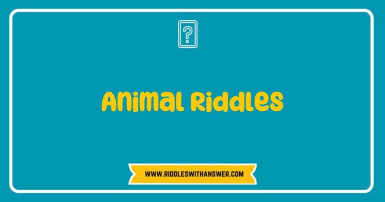 Colorful illustration featuring a variety of animals such as a lion, elephant, and owl, accompanied by playful text showcasing popular animal riddles like 'What has four legs in the morning, two legs at noon, and three legs in the evening?' and 'I can fly without wings, I can