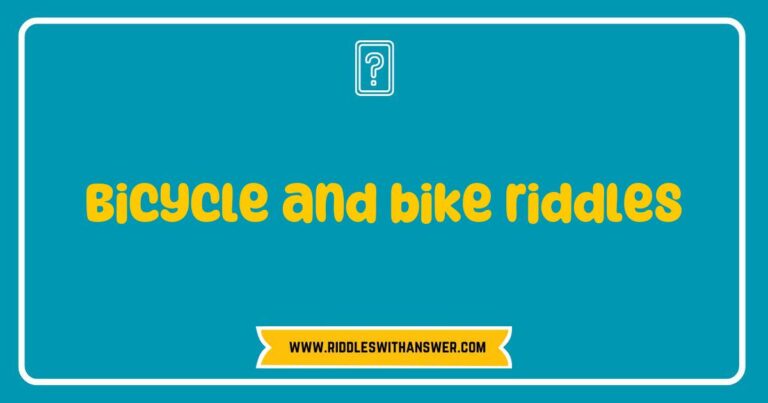 Colorful illustration of a bicycle surrounded by playful bike riddles, featuring questions like 'What has two wheels and can take you anywhere?' and 'I have pedals but no feet, what am I?' This engaging image captures the fun of solving bicycle-related riddles while promoting cycling and outdoor activities.