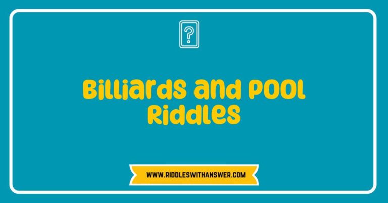 Colorful billiards and pool balls arranged on a green felt table, featuring a thought bubble with riddles about billiards and pool, such as 'What has 15 balls but never plays?' and 'I’m round and numbered, what am I?' Perfect for engaging enthusiasts in fun pool ridd
