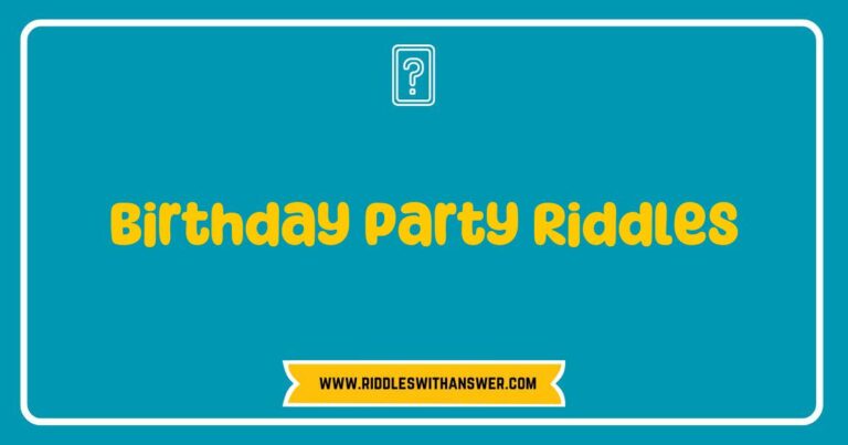 Colorful birthday party scene featuring a group of children solving fun birthday party riddles, including classic brain teasers like 'What has a face and two hands but no arms or legs?' and 'I am tall when I am young, and short when I am old. What am I?' Perfect