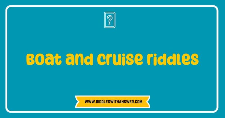 Colorful illustration of a boat sailing on calm waters with a thought bubble containing various boat and cruise riddles like 'What has a bow but no arrow?' and 'I can take you places without moving, what am I?' Perfect for enthusiasts of maritime puzzles and nautical trivia.