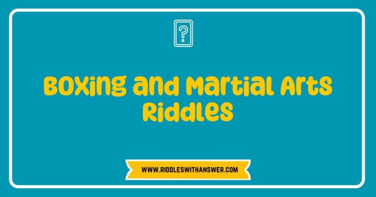 Colorful collage of boxing and martial arts riddles featuring playful illustrations of gloves, belts, and fighters, alongside thought-provoking questions like 'What has fists but never hits?' and 'What fights without fear but is never seen in the ring?' Perfect for enthusiasts looking to challenge their knowledge of boxing and