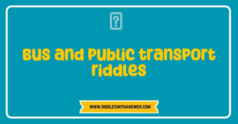 Colorful illustration of a bus surrounded by thought bubbles featuring fun public transport riddles, including questions like 'What has wheels but never goes anywhere?' and 'I carry people but don't have a mouth, what am I?' This engaging image highlights the playful side of bus and public transport riddles,