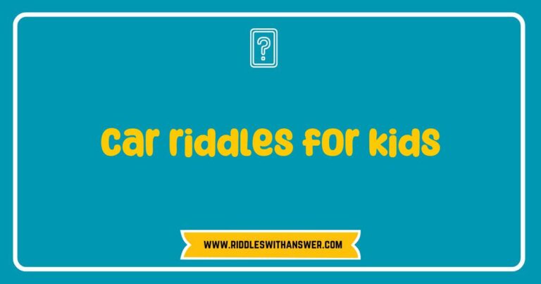 Colorful illustration of a fun car riddle for kids featuring a cartoon car with smiling characters, surrounded by playful question marks. The image showcases engaging and educational content, perfect for sparking children's interest in car-themed riddles and brain teasers. Ideal for parents and educators looking to enhance learning through