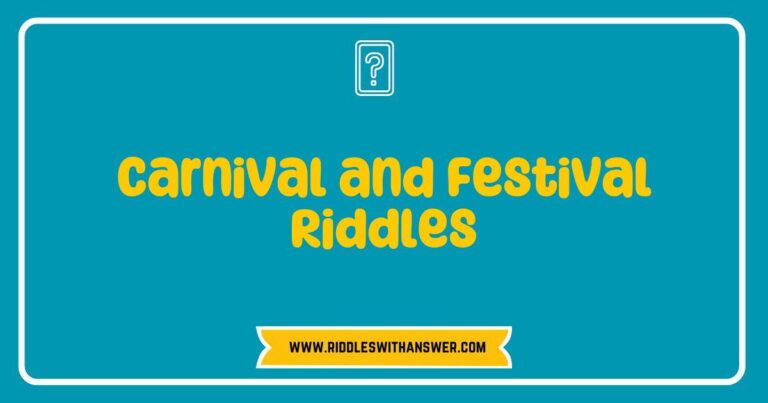 Colorful carnival scene featuring vibrant festival decorations, with a playful riddle written on a banner: 'What has a face and two hands but no arms or legs? A clock!'. This image captures the joyful spirit of carnival and festival riddles, showcasing fun activities, laughter, and engaging puzzles