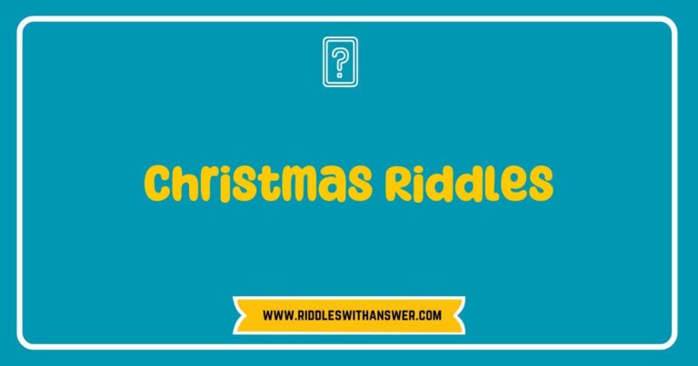 Festive image featuring a collection of Christmas riddles written on colorful cards, surrounded by holiday decorations like twinkling lights and ornaments. The cards display fun riddles such as 'What has a jolly laugh and brings gifts at night?' and 'What is red, white, and green,