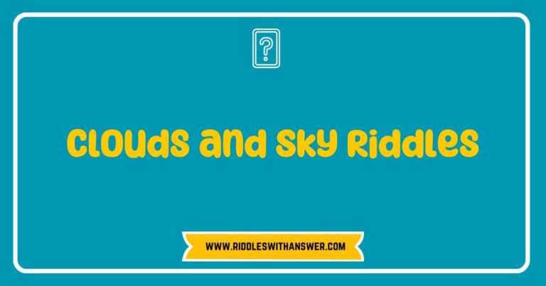 Illustration of fluffy clouds in a bright blue sky accompanied by a whimsical riddle: 'What has a heart that doesn't beat? A cloud! Discover more enchanting sky riddles and explore the wonders of clouds and sky through fun puzzles and brain teasers for all ages.'