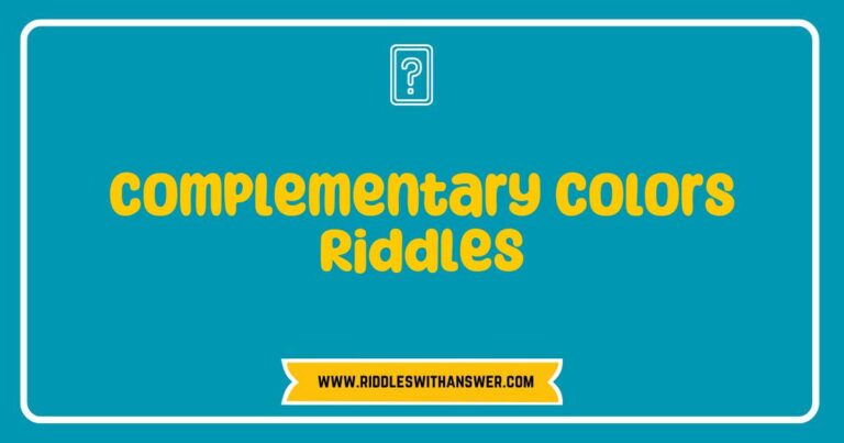 An engaging illustration showcasing 'Complementary Colors Riddles', featuring vibrant color pairings like blue and orange, red and green, and yellow and purple. The image depicts a playful riddle format, inviting viewers to solve puzzles about color theory and the relationships between complementary hues. Perfect for art educators