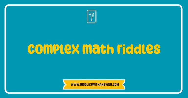 An engaging visual representation of complex math riddles featuring a chalkboard filled with intricate equations, geometric shapes, and brain-teasing puzzles. The image highlights popular riddles such as 'What is the sum of all angles in a triangle?' and 'If a train leaves the station at 60 mph
