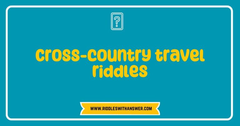 Engaging cross-country travel riddles displayed on a colorful map, featuring clever puzzles like 'What has rivers but no water?' and 'I travel the world but stay in one corner. What am I?' Perfect for road trip enthusiasts seeking fun challenges during their journeys.
