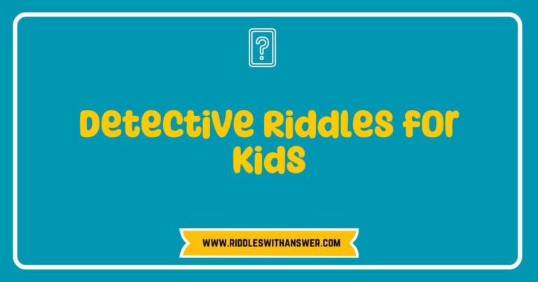 Colorful illustration of a detective solving fun riddles for kids, featuring a magnifying glass, question marks, and playful cartoon characters. This image showcases engaging detective riddles for kids, encouraging critical thinking and problem-solving skills while providing hours of entertainment.