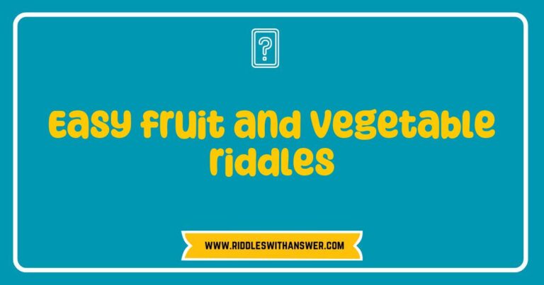 Colorful collage of easy fruit and vegetable riddles featuring vibrant images of apples, carrots, and bananas, with playful text showcasing fun riddles like 'I’m red, crunchy, and often found in a pie, what am I?' and 'I’m orange and long, a favorite of rabbits