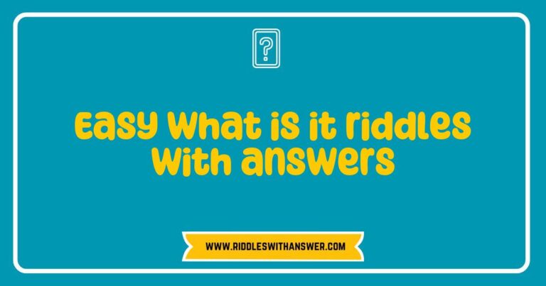 An engaging collection of easy 'what is it' riddles with answers displayed on a chalkboard, featuring fun and simple phrases like 'What has keys but can't open locks?' and 'What runs but never walks?' This image showcases colorful illustrations and playful designs, making it perfect for kids and families