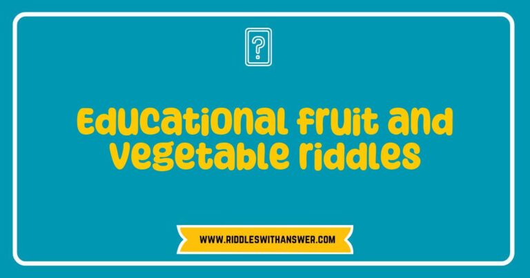 Colorful illustration of educational fruit and vegetable riddles, featuring vibrant images of apples, carrots, and bananas, alongside playful text. Each riddle encourages kids to guess the fruits and vegetables, enhancing their learning experience while promoting healthy eating habits. Perfect for teachers and parents looking to engage children in fun