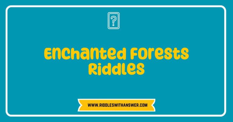 An enchanting forest scene featuring tall, mystical trees and shimmering fairy lights, with a whimsical sign reading ‘Enchanted Forests Riddles’ hanging from a branch. The image captures the magic of nature and the allure of riddles, inviting viewers to explore riddles about magical creatures and hidden