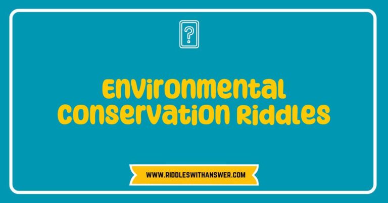 Colorful illustration depicting a group of children engaged in solving environmental conservation riddles, surrounded by nature. The image features elements like trees, wildlife, and recycling symbols, highlighting the importance of eco-friendly practices. Riddles include questions about protecting endangered species, reducing waste, and conserving water, emphasizing
