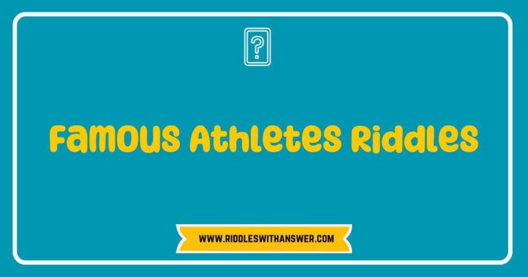 Colorful illustration featuring famous athletes riddles, showcasing a basketball player, a soccer star, and a runner with playful question marks. The image highlights engaging riddles like 'I can shoot hoops but never miss, who am I?' and 'I kick the ball and score with flair, can you