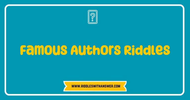 Famous Authors Riddles: A colorful illustration featuring a collection of riddles inspired by renowned literary figures. The image showcases whimsical depictions of classic authors like Shakespeare, Jane Austen, and Mark Twain, each accompanied by clever riddles that challenge readers to guess their identities. This engaging visual representation