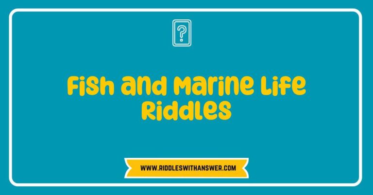 Colorful illustration of various fish and marine life surrounded by playful riddles, showcasing ocean creatures like dolphins, starfish, and clownfish, with thought-provoking questions such as 'What swims in the sea and has a playful leap?' and 'I have a shell and live in the ocean, what