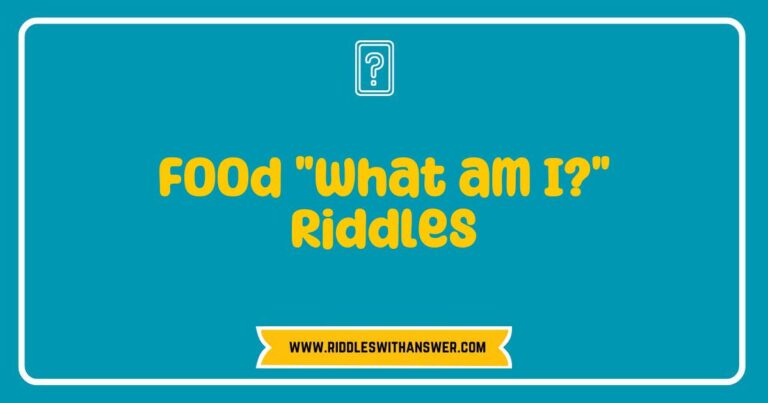 Colorful illustration of a food-themed 'What am I?' riddle game featuring various riddles like 'I am round, red, and often found in salads. What am I?' The image showcases vibrant fruits and vegetables, including tomatoes, apples, and carrots, inviting viewers to engage with fun