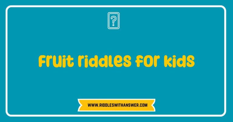 Colorful assortment of fruits with playful riddle cards for kids, featuring fun fruit riddles like 'I’m yellow, curved, and monkeys love me. What am I?' and 'I’m red, round, and often found in pies. What am I?' Perfect for engaging children’s minds