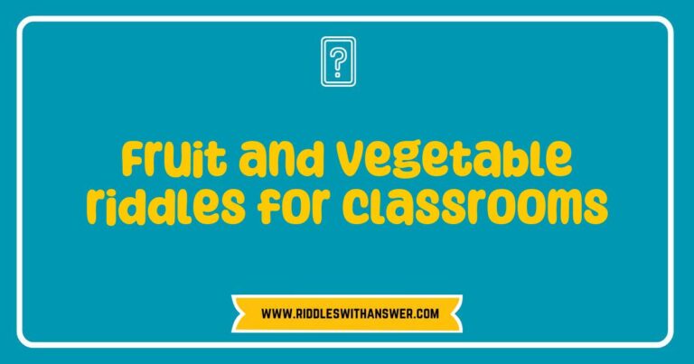 Colorful classroom display featuring fruit and vegetable riddles for kids, including playful questions like 'What fruit is always sad? A blueberry!' and 'Which vegetable is a great musician? A beet!' Perfect for engaging students in fun learning activities about healthy eating and nutrition.