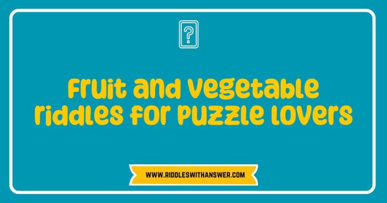 Colorful assortment of fresh fruits and vegetables with playful riddles displayed on a chalkboard, featuring phrases like 'What fruit is always sad? A blueberry!' and 'What vegetable is a great detective? A celery!' Ideal for puzzle lovers seeking fun fruit and vegetable riddles to challenge their minds and