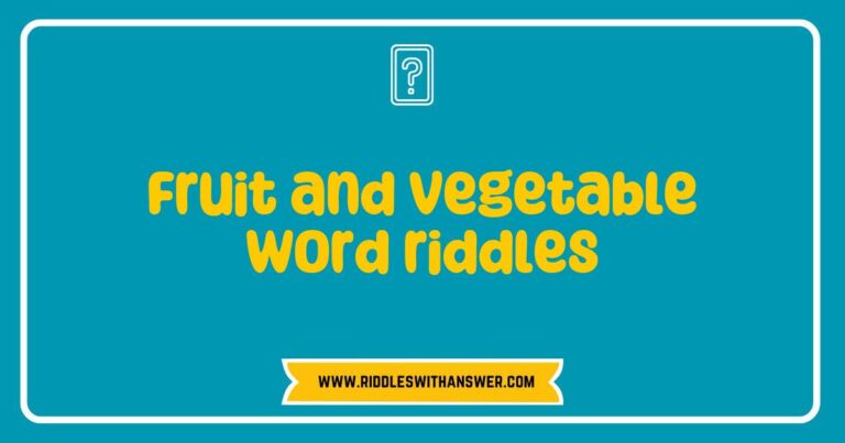 Colorful assortment of fruits and vegetables displayed creatively with word riddles, featuring a vibrant apple riddle asking 'I am red or green, crunchy and sweet. What am I?' and a playful carrot riddle saying 'I’m orange and long, good for a snack, what vegetable am I