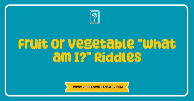 Colorful assortment of fruits and vegetables featured in a playful 'What am I?' riddle game, showcasing riddles like 'I’m yellow and curved, a monkey’s favorite treat. What am I?' for bananas, and 'I’m green and crunchy, often in a salad. What am