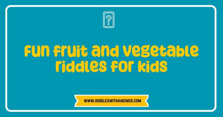 Colorful illustration of fun fruit and vegetable riddles for kids, featuring a smiling carrot, a playful banana, and a cheerful apple, surrounded by text bubbles with engaging riddles like 'What vegetable can jump higher than a rabbit? A spring onion!' and 'I’m yellow and curved, loved