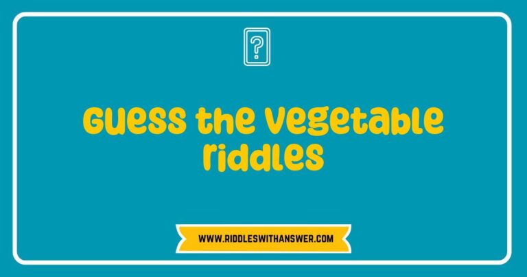 Colorful assortment of vegetables with text overlay featuring 'Guess the Vegetable Riddles' - playful riddles like 'I’m green and crunchy, you eat me in salads, what am I?' and 'I’m orange and long, bunnies love me, what am I?' highlight the fun
