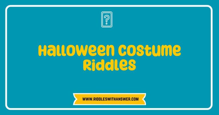 Colorful Halloween costume riddles displayed on a festive backdrop, featuring whimsical illustrations of witches, ghosts, and pumpkins. The image showcases a collection of fun and engaging riddles like 'What do you call a dancing ghost?' and 'Why did the skeleton go to the party alone?' Perfect for Halloween