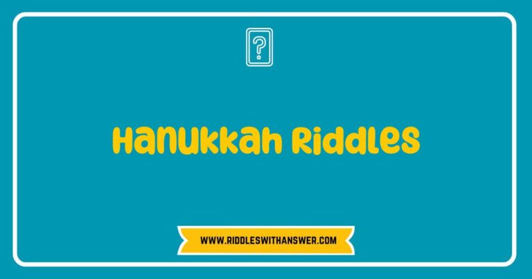 Colorful illustration of Hanukkah riddles featuring traditional symbols like menorahs and dreidels, with text displaying popular riddles such as 'What do you call a night when all the candles are lit?' and 'Why was the dreidel so good at math?' Perfect for engaging children and