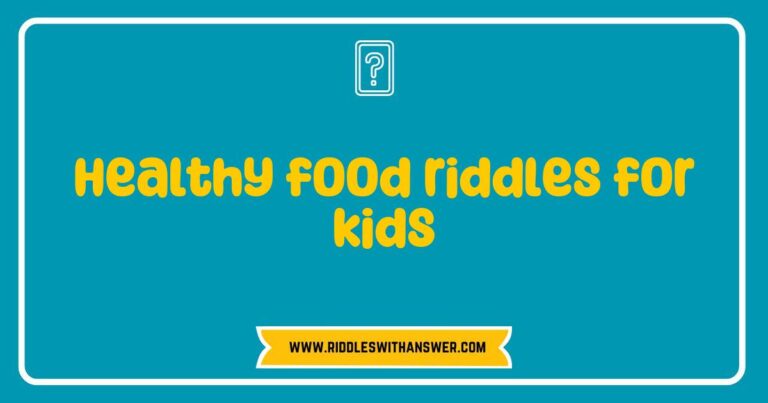 Colorful illustration of a fun 'Healthy food riddles for kids' activity featuring playful characters asking questions about fruits and vegetables, such as 'What has seeds on the outside and is red and juicy?' with the answer being a strawberry. Engaging and educational, this image promotes healthy eating habits while