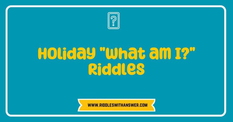 Colorful holiday-themed riddle cards featuring fun 'What am I?' riddles about Christmas trees, snowflakes, and gift-giving, perfect for festive gatherings and family game nights.