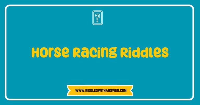 Colorful illustration of a horse racing scene featuring a jockey and galloping horses, accompanied by fun and engaging horse racing riddles like 'What do you call a horse that loves to play games? A stable genius!' This image captures the excitement of horse racing while inviting viewers to solve riddles related