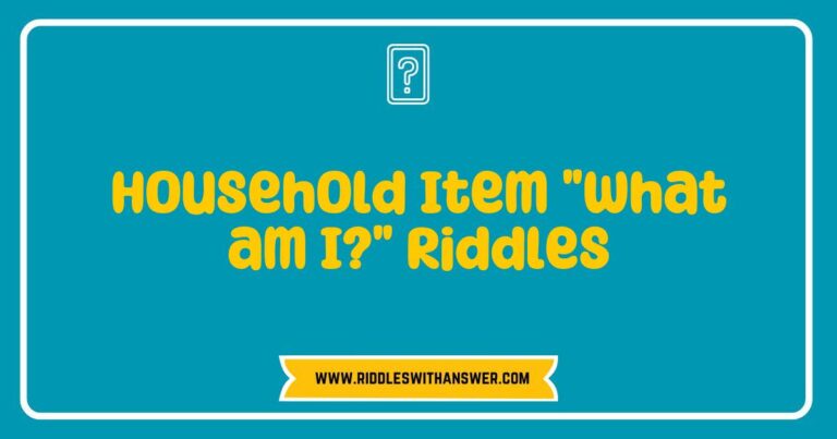 Colorful illustration of 'What am I?' riddles featuring common household items like a toaster, broom, and lamp. The image showcases playful text with engaging riddles that challenge viewers to identify everyday objects, enhancing family fun and educational activities. Perfect for enhancing creativity and problem-solving skills in children while