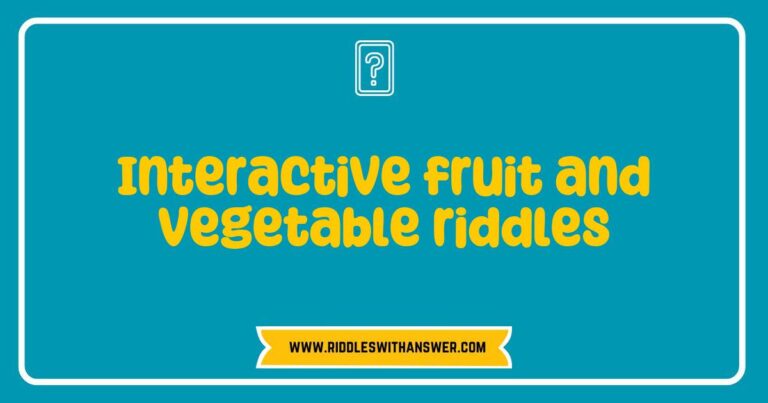 Colorful illustration of interactive fruit and vegetable riddles featuring playful characters, including a cheerful carrot asking, 'I’m orange and crunchy, what am I?' and a smiling apple saying, 'I keep the doctor away, can you guess what I am?' Perfect for engaging kids in fun learning activities