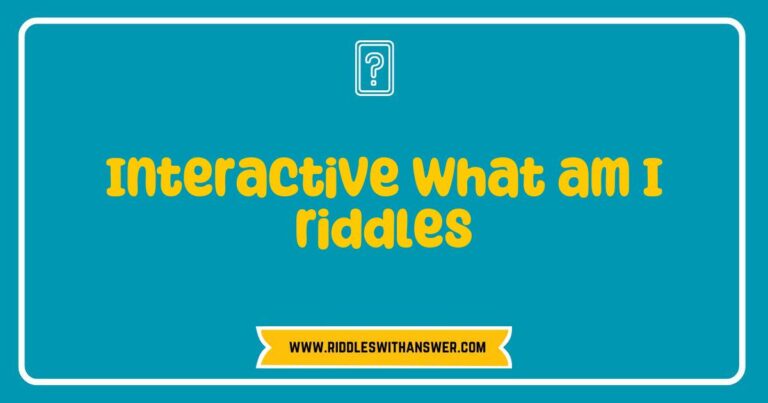 Interactive 'What Am I' riddles displayed on a colorful background, featuring engaging questions like 'I have keys but open no locks, what am I?' and 'I fly without wings, what am I?' Perfect for enhancing critical thinking and creativity in children and adults, these fun and challenging ridd