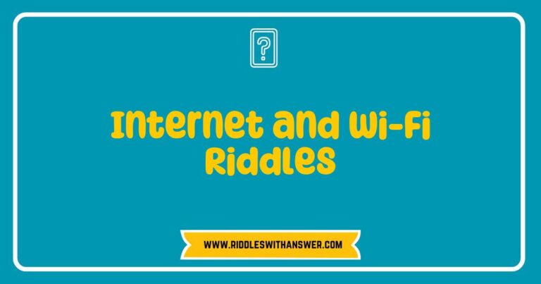 Creative illustration of a person pondering over Internet and Wi-Fi riddles, featuring thought bubbles with popular riddles like 'What can connect us all but has no physical form?' and 'I’m invisible, but you rely on me for connection—what am I?' The image symbolizes the playful exploration of