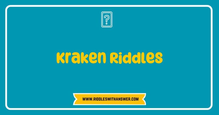 Intriguing image showcasing a mystical Kraken surrounded by swirling ocean waves, with text bubbles featuring popular Kraken riddles such as 'I can be found in the deep, hidden where shadows creep. What am I?' and 'I have many arms but cannot wave, lurking in the depths, I’m