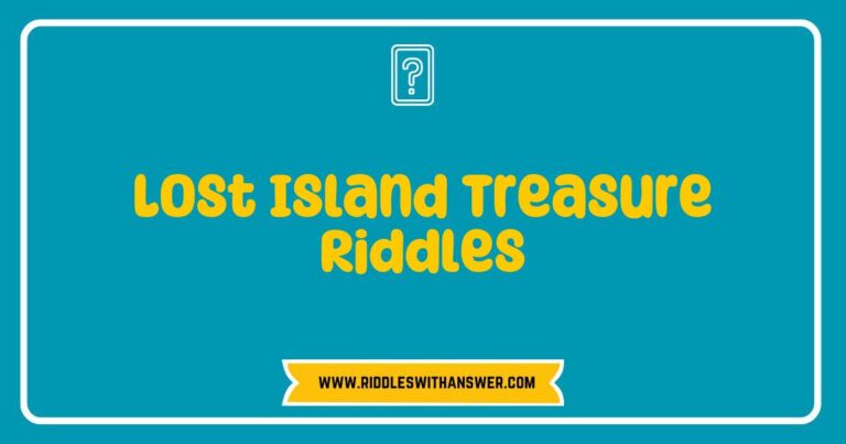 Illustration of a mysterious treasure chest on a tropical beach, surrounded by palm trees and ancient maps, symbolizing 'Lost Island Treasure Riddles'. The image features a riddle scroll that reads, 'I have keys but open no locks, I have space but no room, you can enter