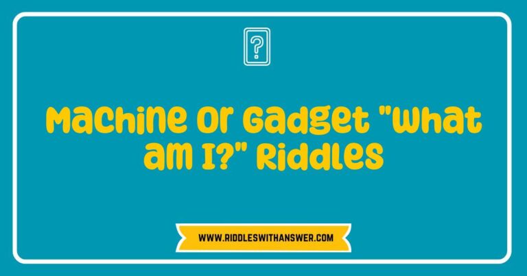 Colorful illustration of a 'What am I?' riddle featuring various machines and gadgets, including a toaster, blender, and smartphone, designed to engage users with fun and challenging riddles. The image showcases a playful layout with question marks and hints, inviting viewers to guess the objects while enhancing creativity
