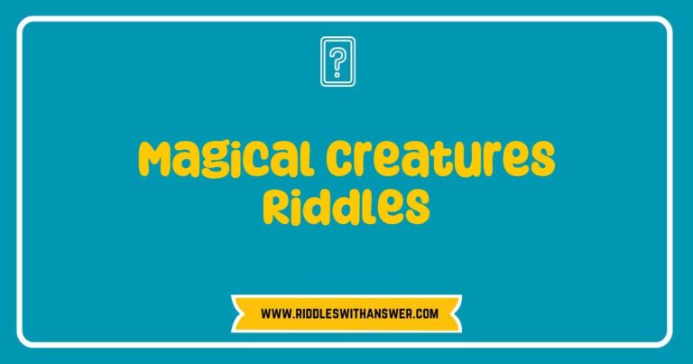 An enchanting illustration of magical creatures, featuring a unicorn, dragon, and phoenix, surrounded by whimsical elements. The image captures the essence of 'Magical Creatures Riddles' with a playful riddle text that reads, 'I soar through the skies, with feathers so bright, a symbol