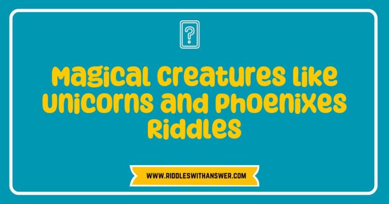 Colorful illustration of a unicorn and a phoenix surrounded by mystical elements, featuring a riddle: 'What has a single horn and gallops through dreams? A unicorn!' and another riddle: 'What rises from ashes to soar in the skies? A phoenix!' This enchanting image captures the essence