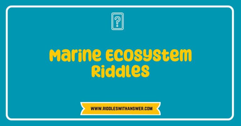 Colorful illustration of a marine ecosystem featuring various sea creatures like coral reefs, fish, and turtles, accompanied by engaging marine ecosystem riddles that challenge viewers to think about ocean biodiversity and the importance of marine conservation.