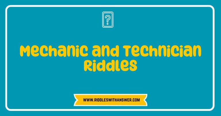 Mechanic and Technician Riddles - A playful illustration featuring a mechanic working on a car, surrounded by thought bubbles containing clever riddles like 'What has wheels and can’t move on its own?' and 'I have keys but open no locks; what am I?' This image captures the fun