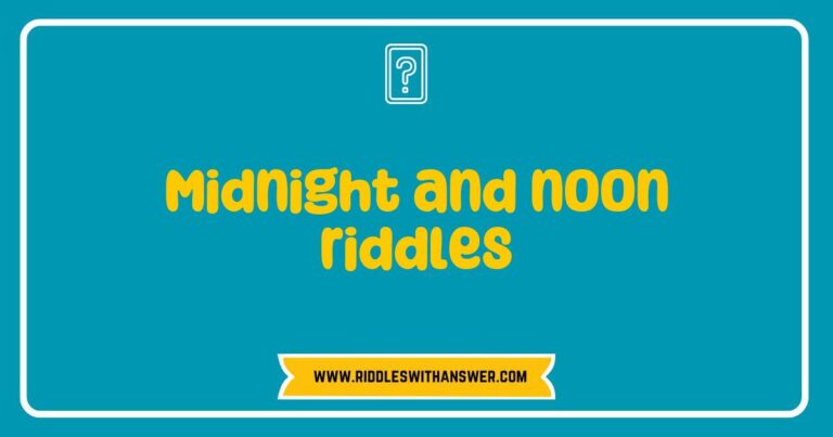 An illustration depicting 'Midnight and Noon Riddles,' featuring a whimsical clock with hands pointing to midnight and noon, surrounded by thought bubbles containing popular riddles like 'What comes once in a minute, twice in a moment, but never in a thousand years?' and 'I have no life